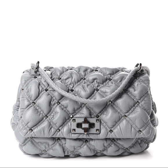 Valentino Garavani Handbags - Valentino Grey Medium Nappa SpikeMe Shoulder Bag.